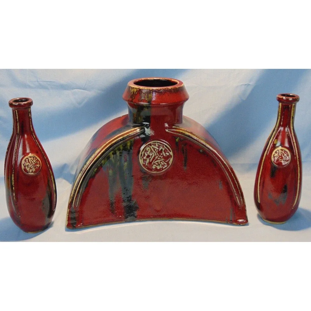 Large Medallion Flambe Oxblood Glaze Chinese Porcelain Ceramic Pottery Vase Set‎